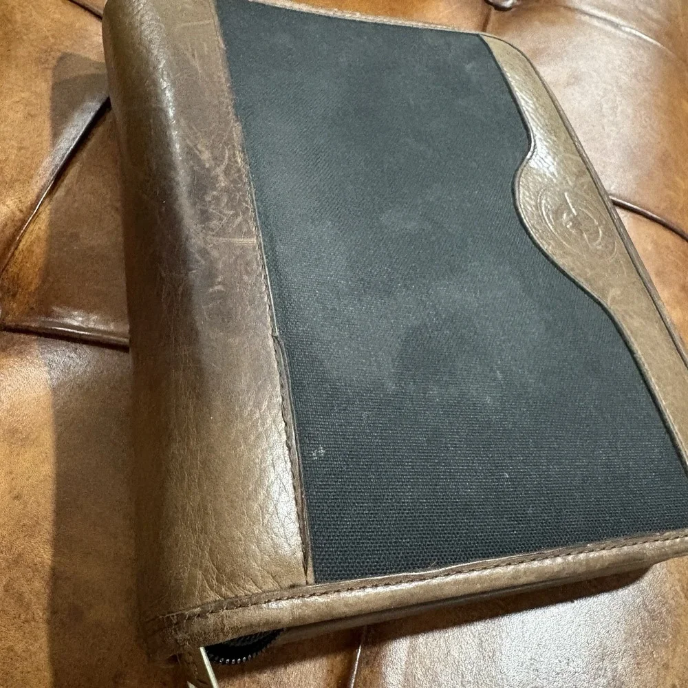 Franklin Quest Pre-Covey Green Line Canvas Brown Leather Trim Planner 7 Ring Zip